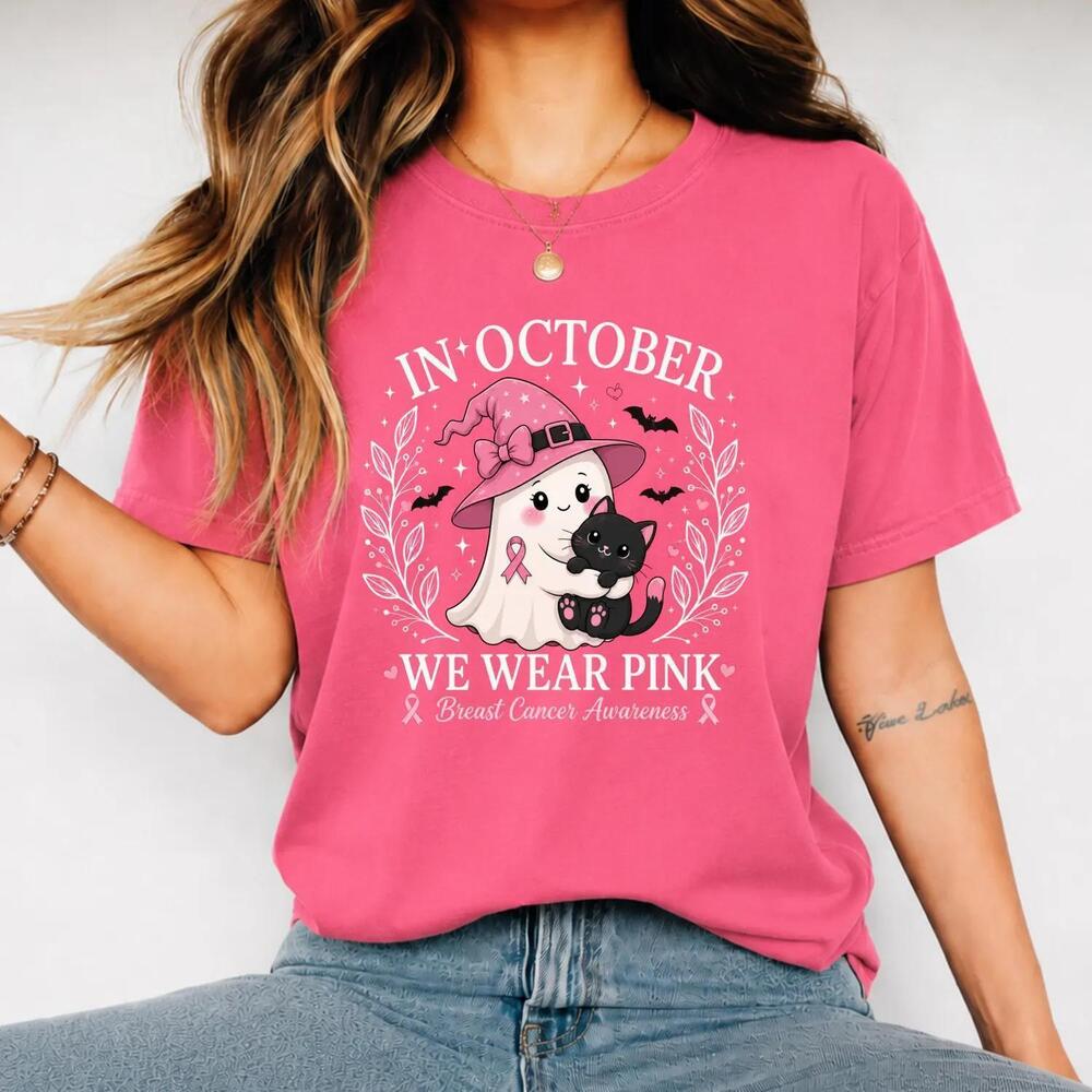 In October We Wear Shirt  Awareness Ghost Cat Tee, Ribbon